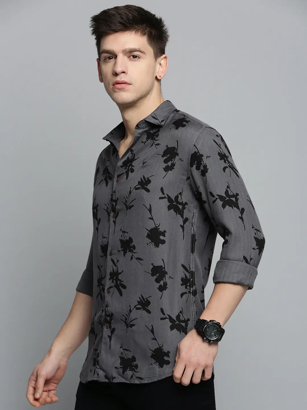 SHOWOFF Men's Spread Collar Grey Printed Shirt