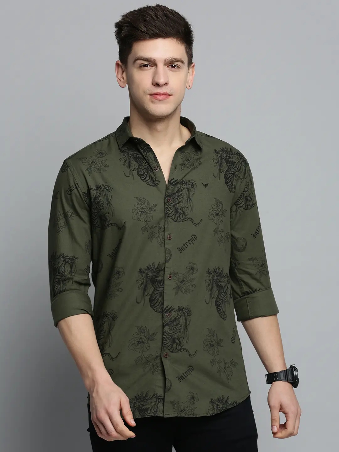 SHOWOFF Men's Spread Collar Olive Printed Shirt