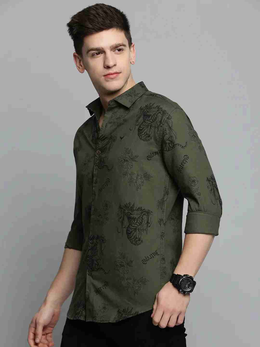 SHOWOFF Men's Spread Collar Olive Printed Shirt