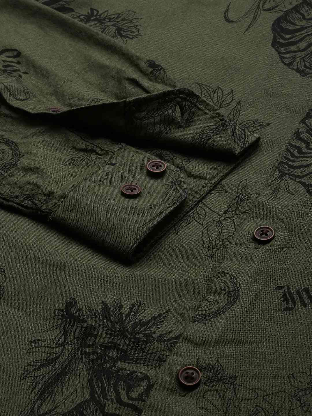 SHOWOFF Men's Spread Collar Olive Printed Shirt