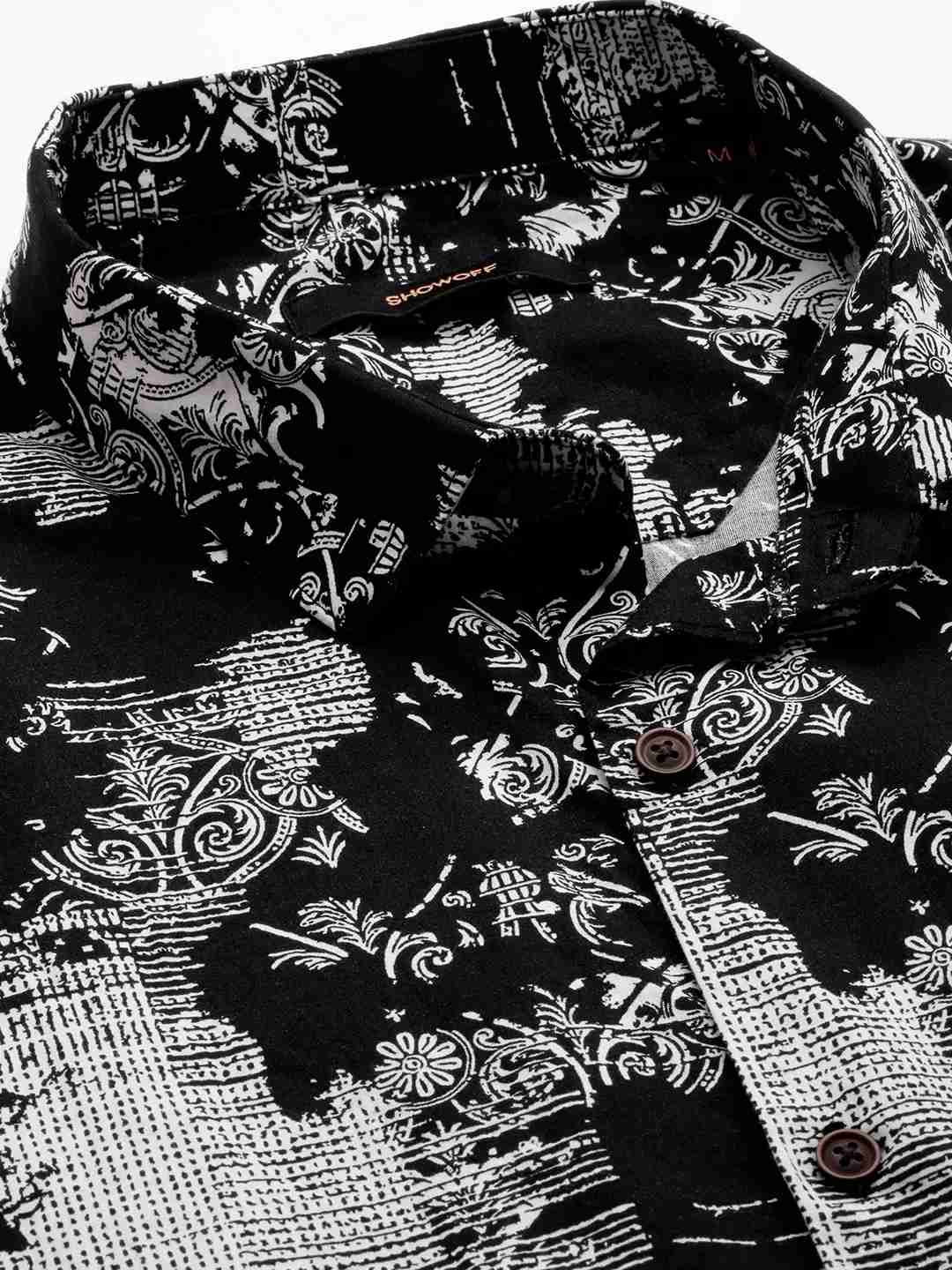 SHOWOFF Men's Spread Collar Black Printed Shirt