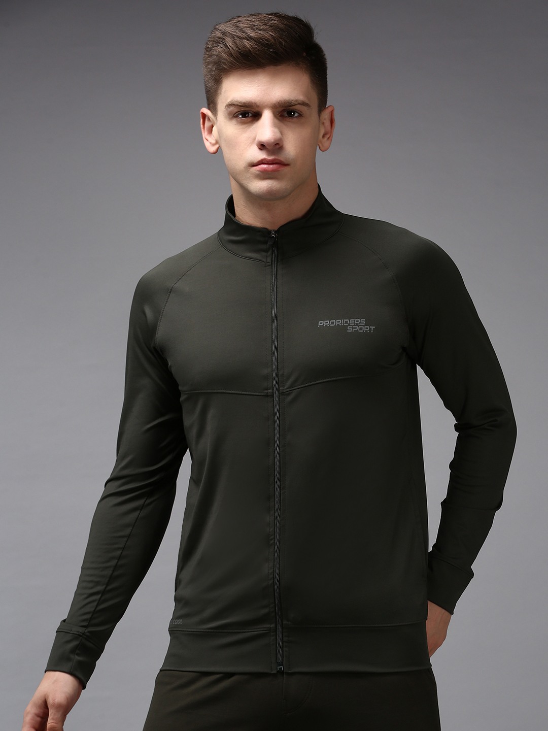 SHOWOFF Men Olive Solid High Neck Full Sleeves Front-Open Sweatshirt