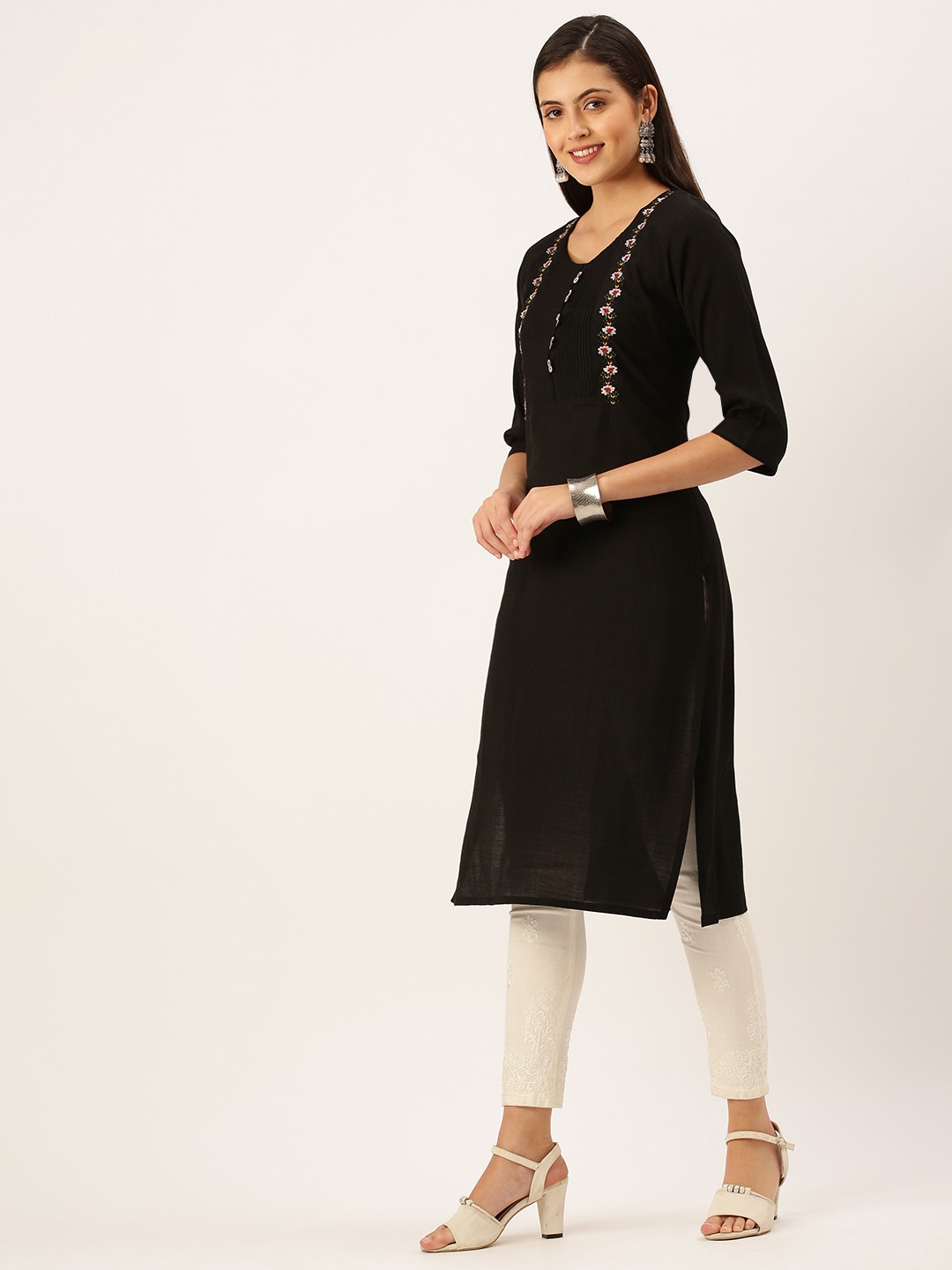SHOWOFF Women Black Solid Round Neck Three-Quarter Sleeves Mid Length Straight Kurta