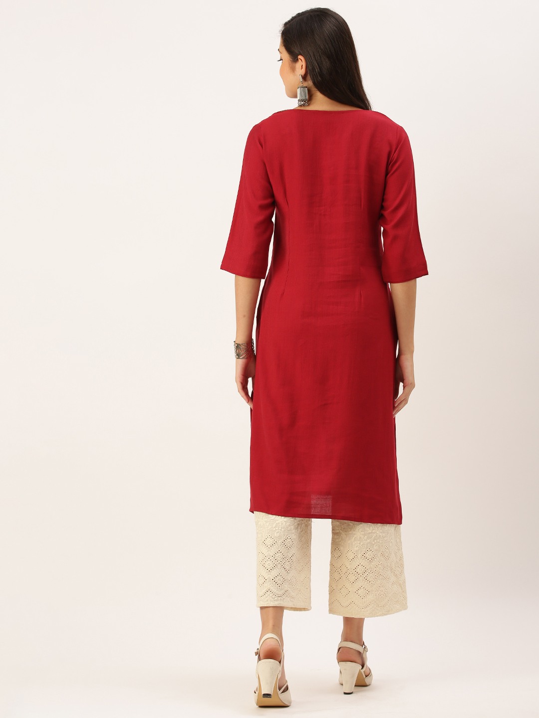 Women's Red Cotton Solid Comfort Fit Kurtas