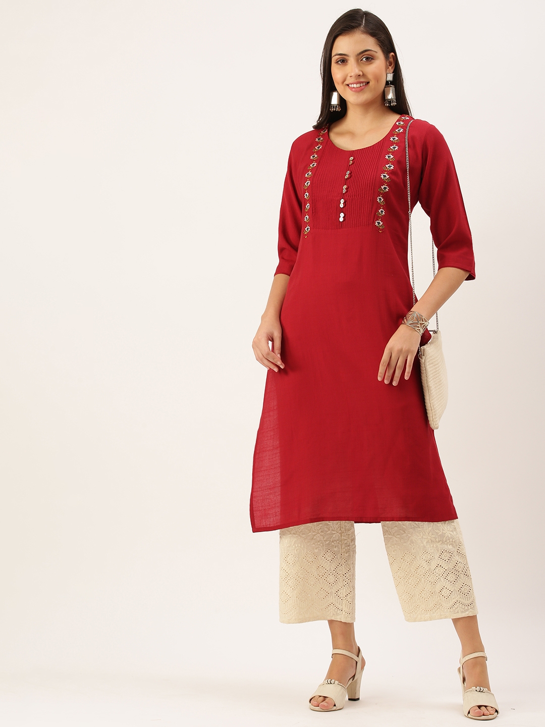 Women's Red Cotton Solid Comfort Fit Kurtas