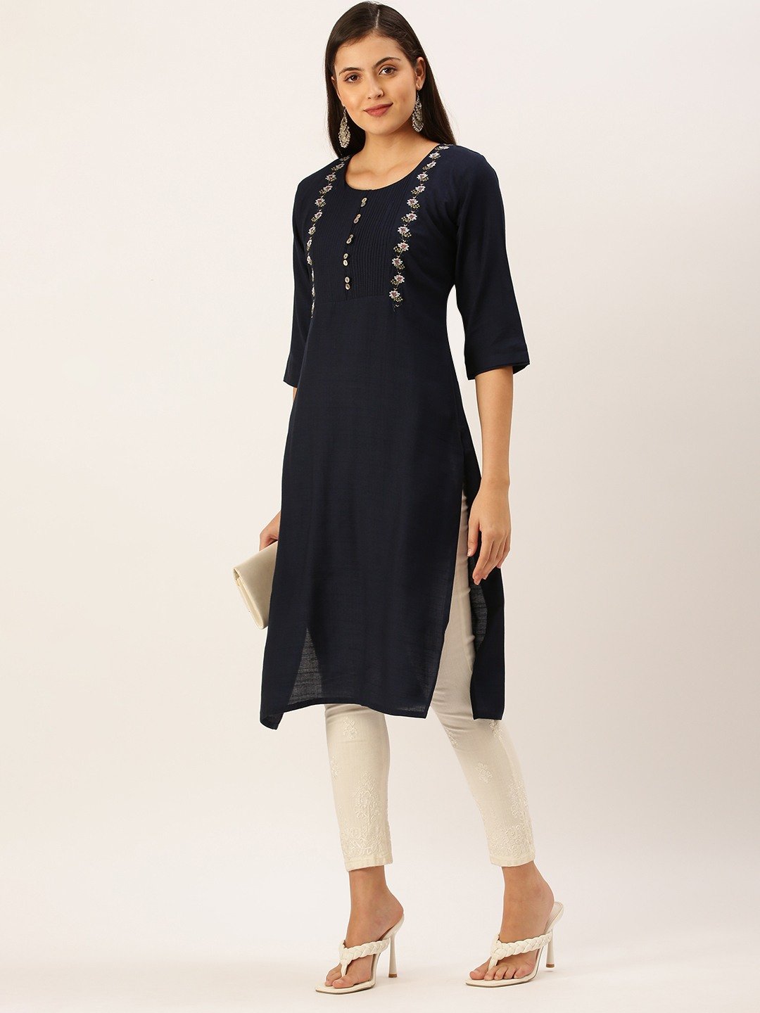 SHOWOFF Women's Calf Length Navy Blue Solid Kurta