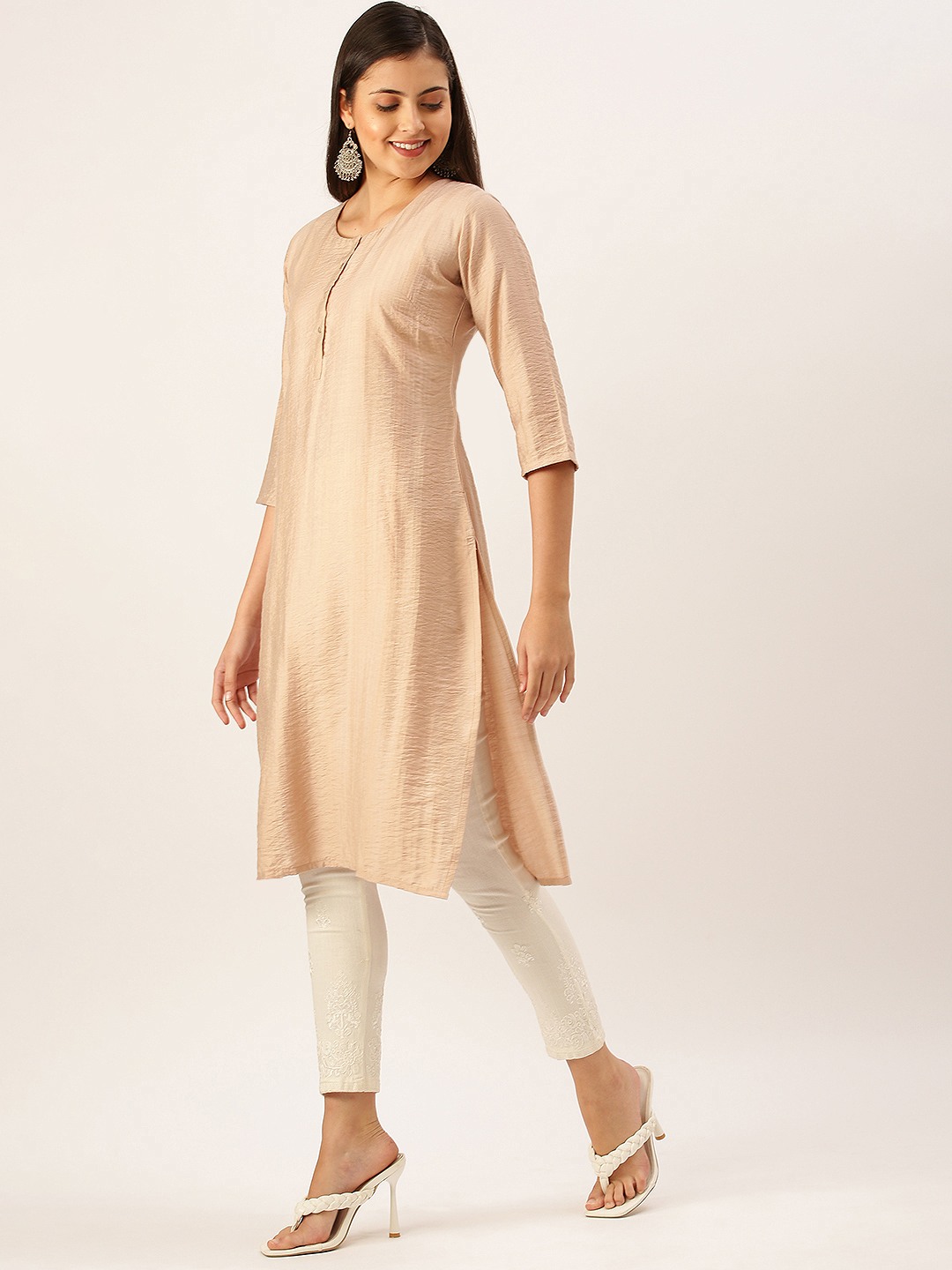 SHOWOFF Women's Calf Length Beige Solid Kurta