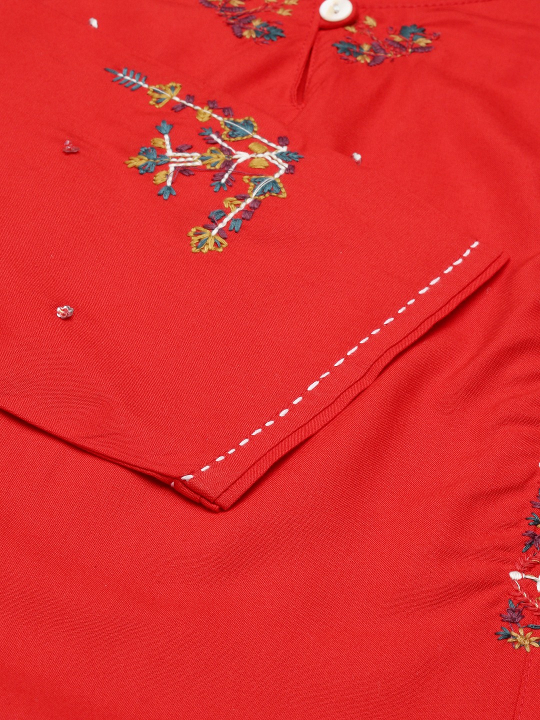Women's Red Cotton Embroidered Comfort Fit Kurtas