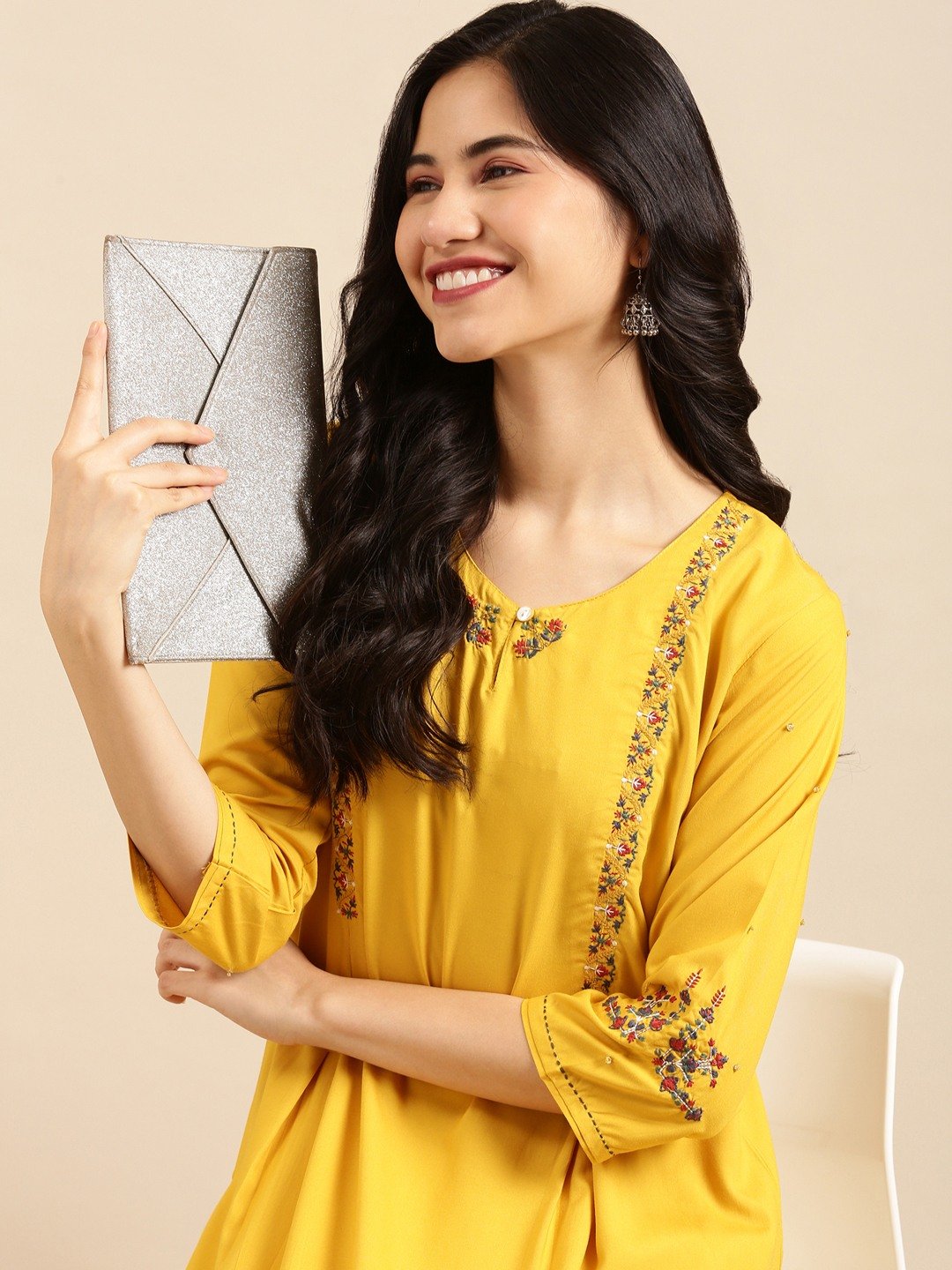 Women's Yellow Cotton Embroidered Comfort Fit Kurtas