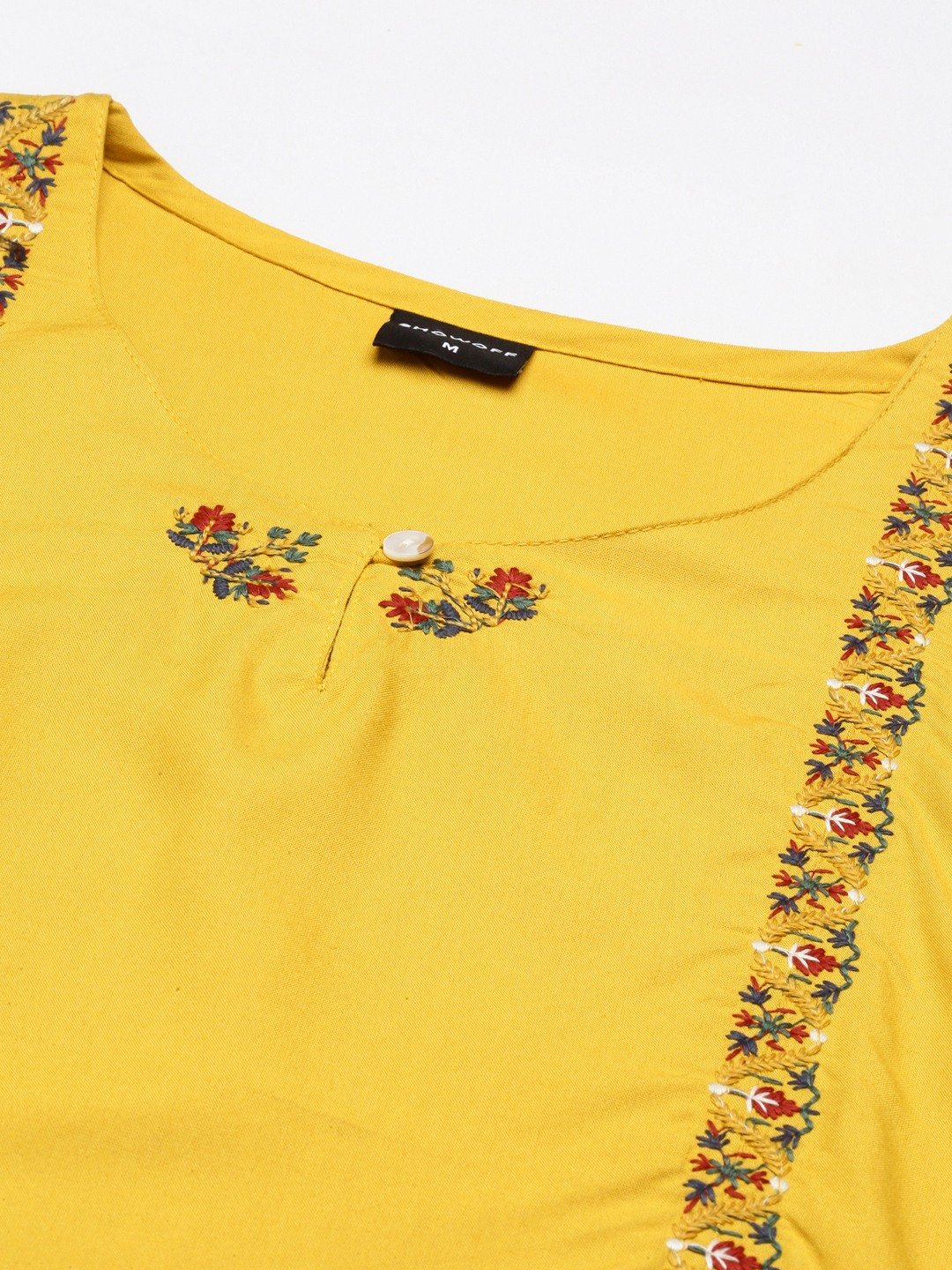 Women's Yellow Cotton Embroidered Comfort Fit Kurtas