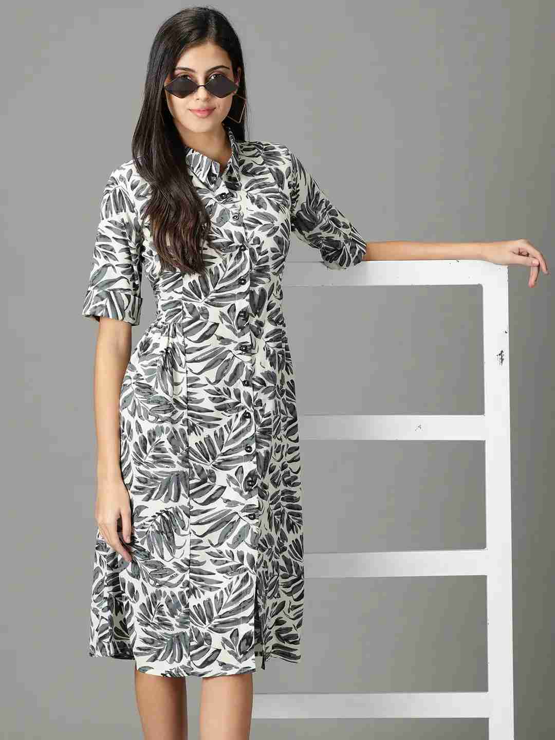 SHOWOFF Women's Printed Shirt Collar Off White Midi Dress