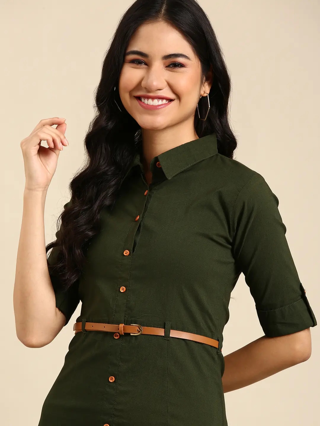 SHOWOFF Women Olive Solid Shirt Collar Short Sleeves Mid Length A-Line Kurta