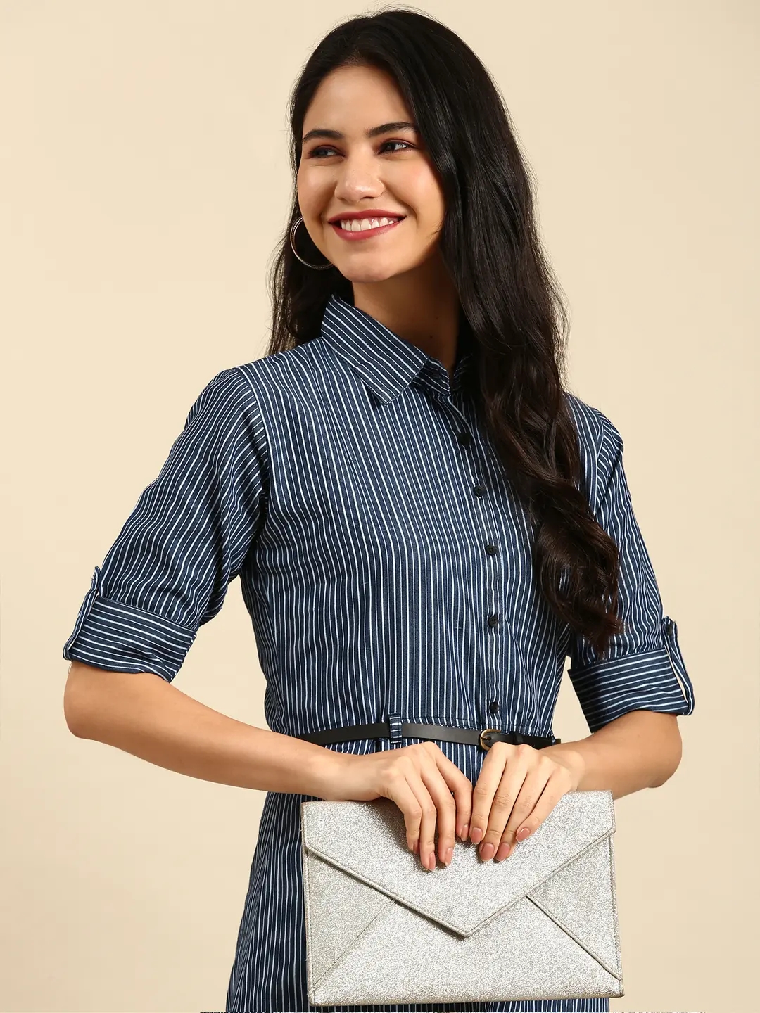 SHOWOFF Women Navy Blue Striped Shirt Collar Short Sleeves Mid Length A-Line Kurta