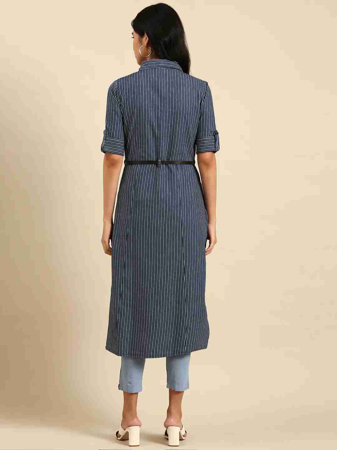 Women's Blue Cotton Striped Comfort Fit Kurtas