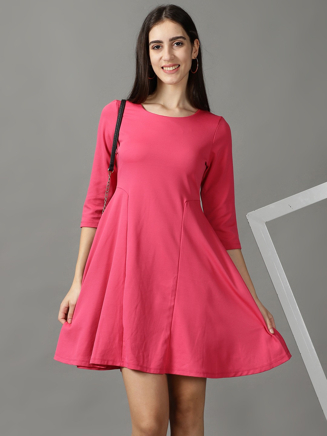 SHOWOFF Women's Above Knee A-Line Pink Solid Dress