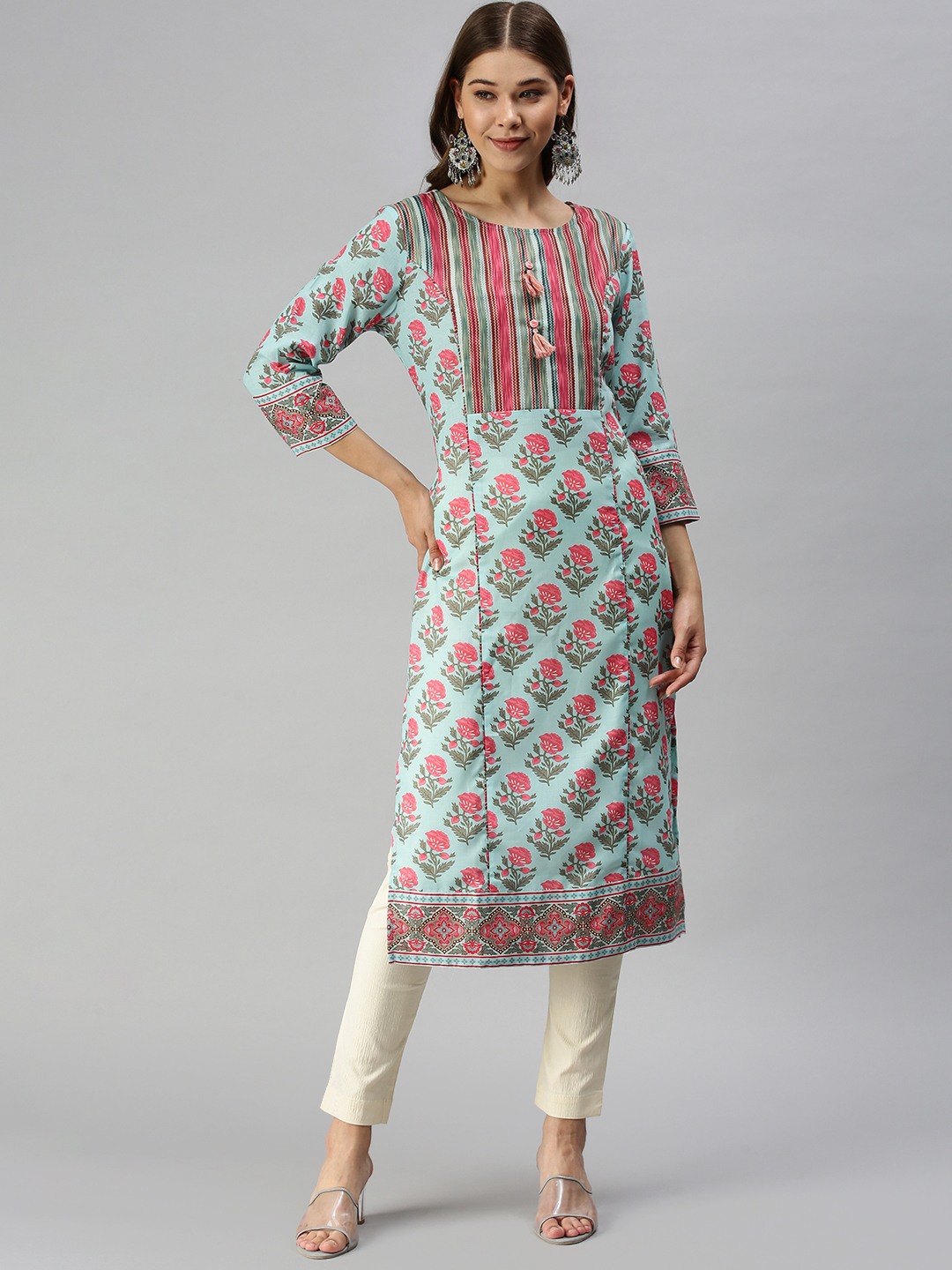 Women's Blue Cotton Floral Comfort Fit Kurtas