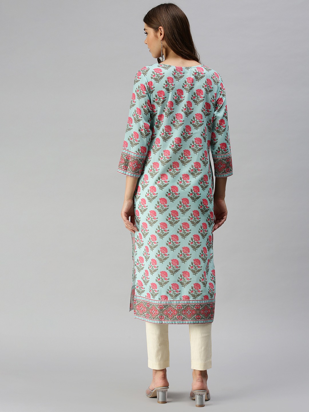 Women's Blue Cotton Floral Comfort Fit Kurtas