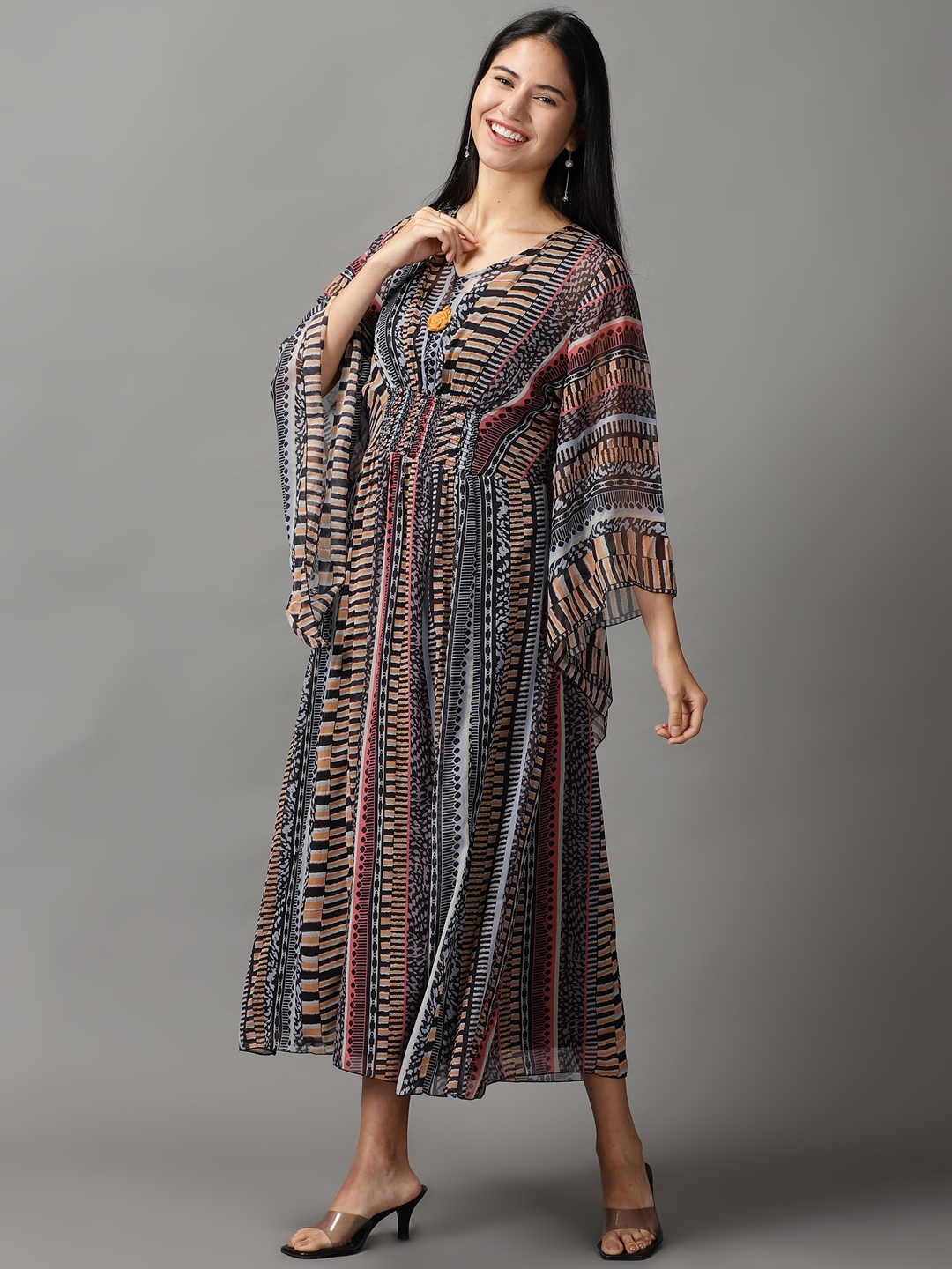 SHOWOFF Women Black Tribal V Neck Three-Quarter Sleeves Midi Kaftan Dress