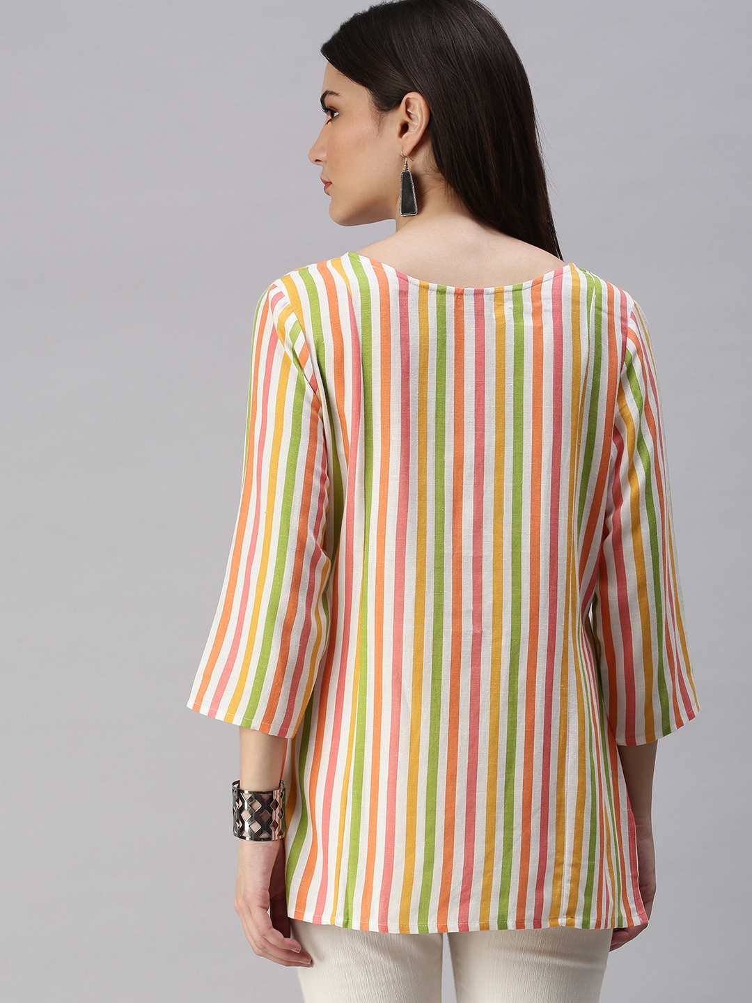 Women's Multicolour Cotton Blend Striped Regular Kurtis