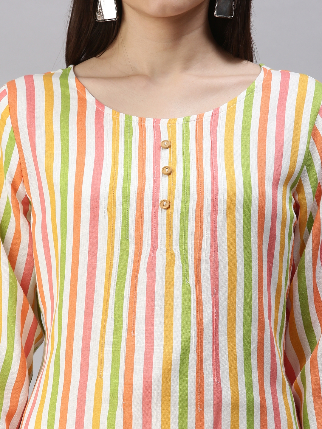 Women's Multicolour Cotton Blend Striped Regular Kurtis