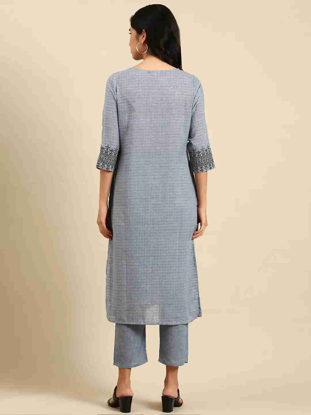 Women's Blue Cotton Blend Solid Comfort Fit Kurta Sets
