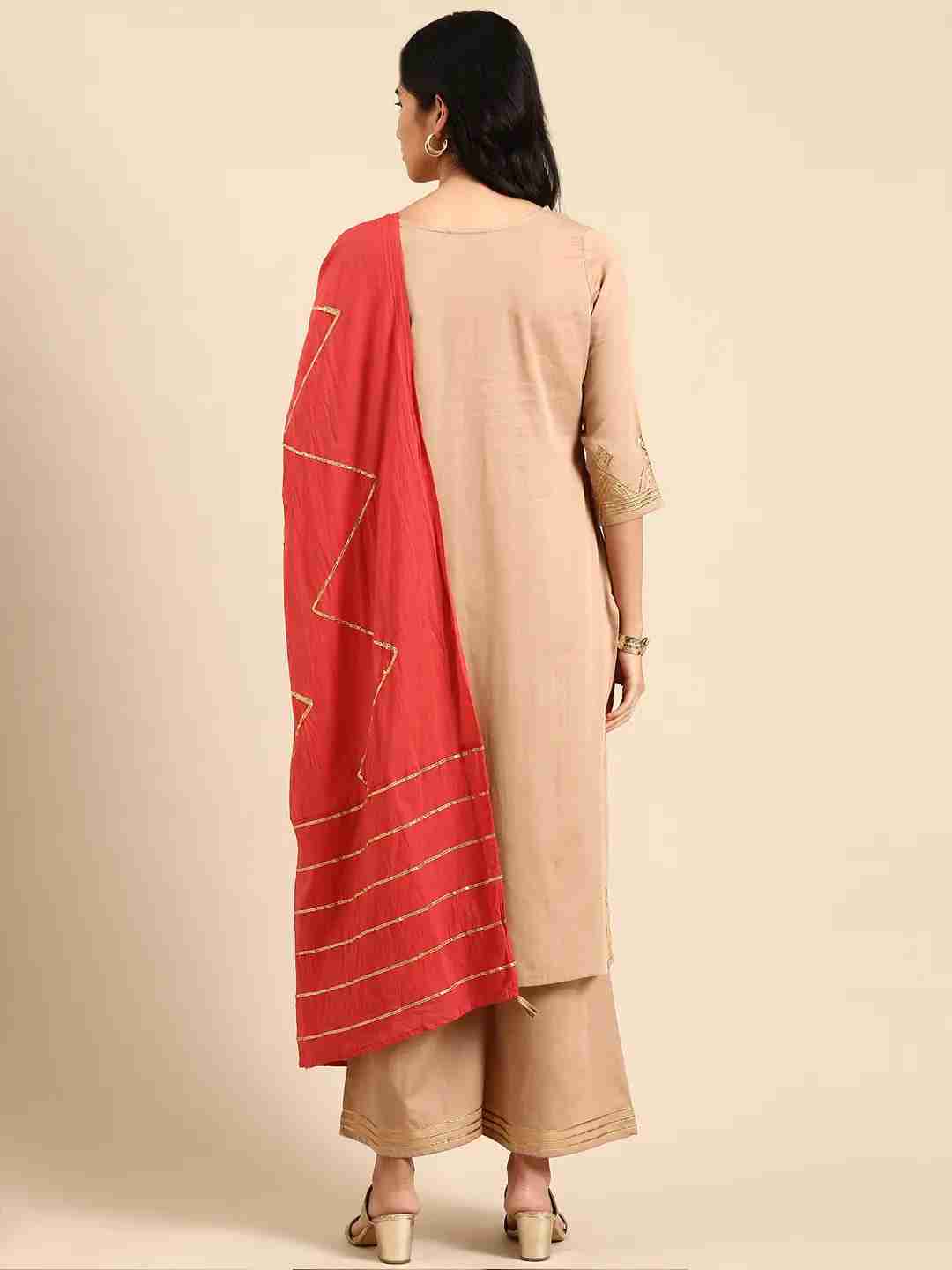 Women's Beige Chanderi Embroidered Comfort Fit Kurta Sets