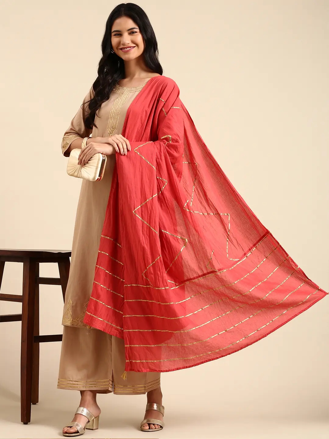 Women's Beige Chanderi Embroidered Comfort Fit Kurta Sets