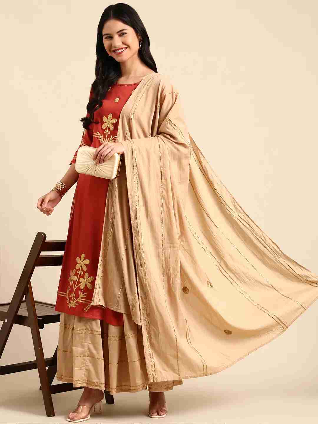 Women's Orange Chanderi Embroidered Comfort Fit Kurta Sets