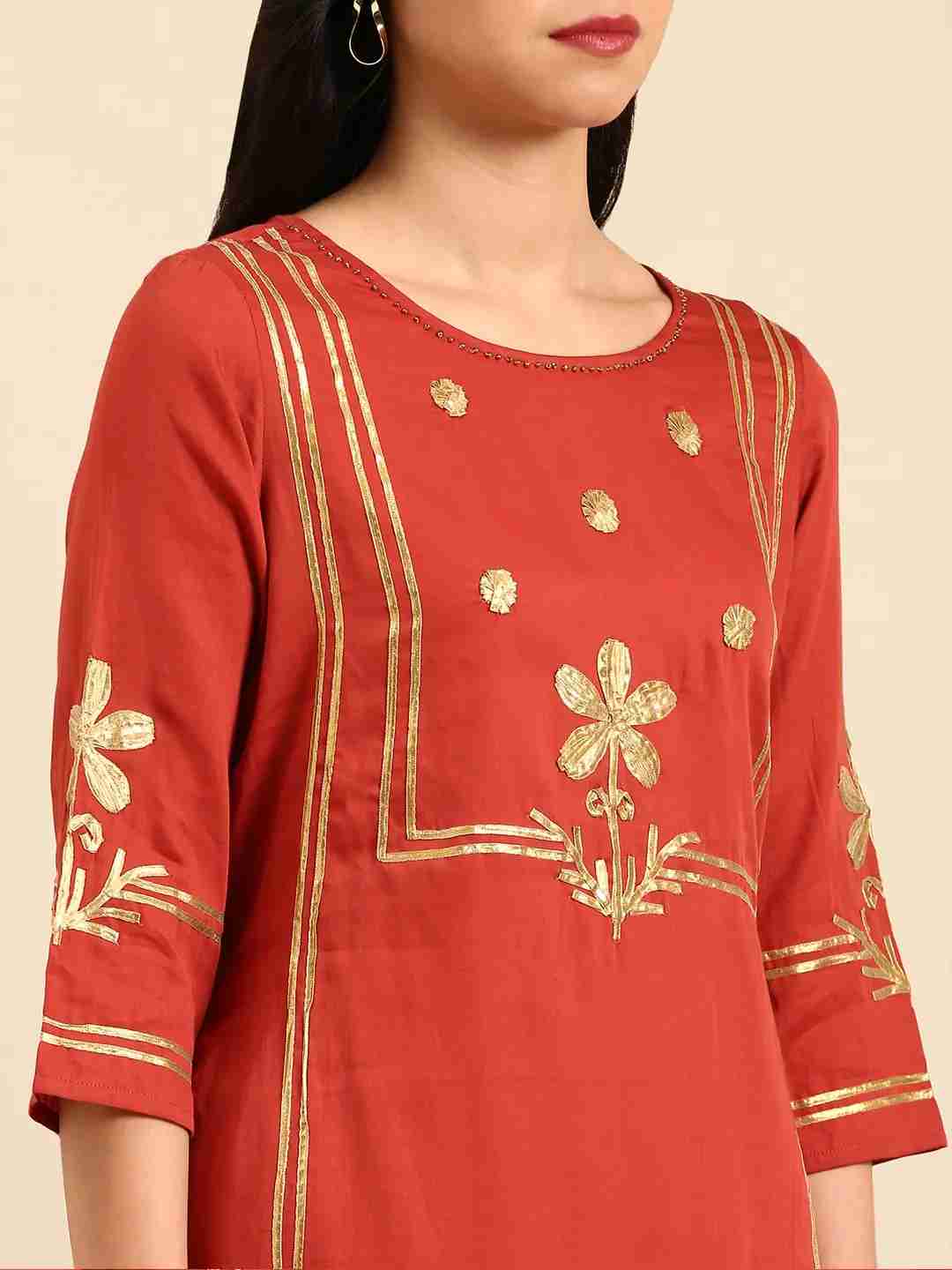 Women's Orange Chanderi Embroidered Comfort Fit Kurta Sets