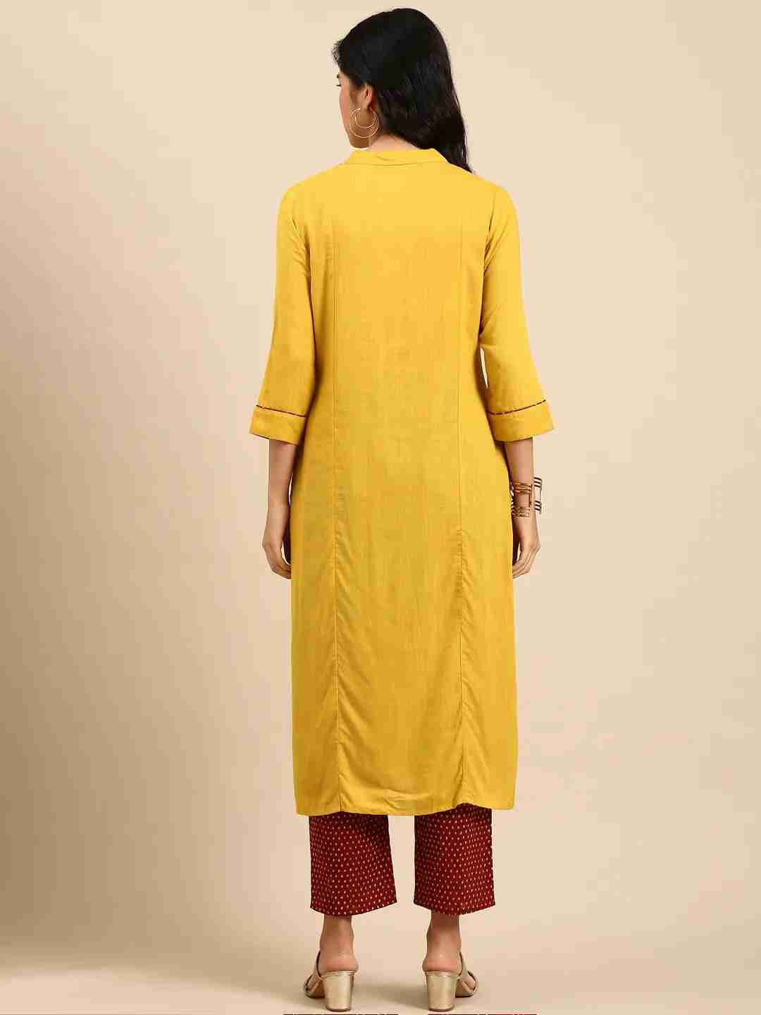 Women's Yellow Viscose Rayon Solid Comfort Fit Kurta Sets