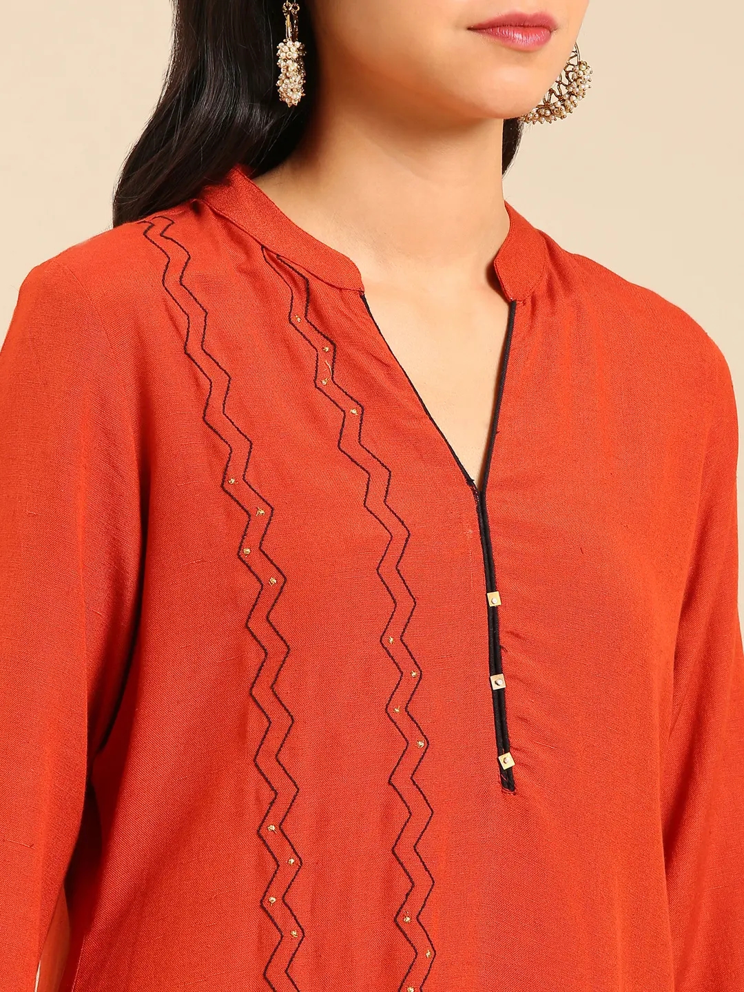 Women's Orange Cotton Blend Solid Comfort Fit Kurta Sets