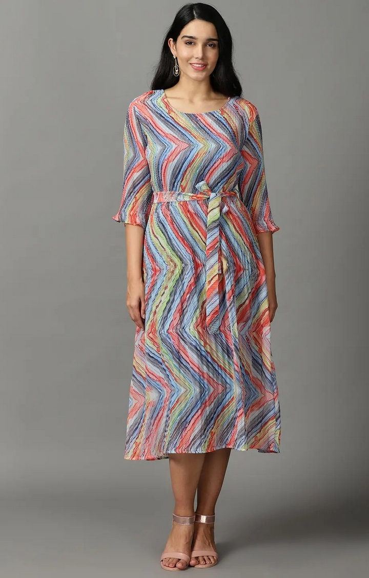 SHOWOFF Women Multi Printed Round Neck Three-Quarter Sleeves Maxi A-Line Dress