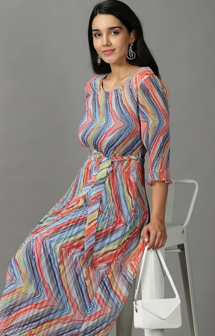 SHOWOFF Women Multi Printed Round Neck Three-Quarter Sleeves Maxi A-Line Dress