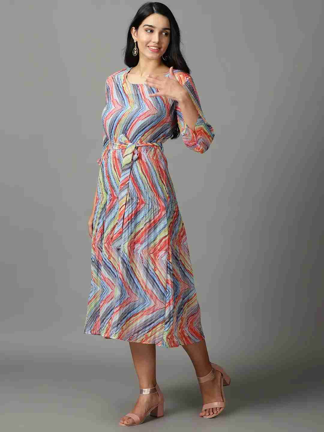 SHOWOFF Women Multi Printed Round Neck Three-Quarter Sleeves Maxi A-Line Dress