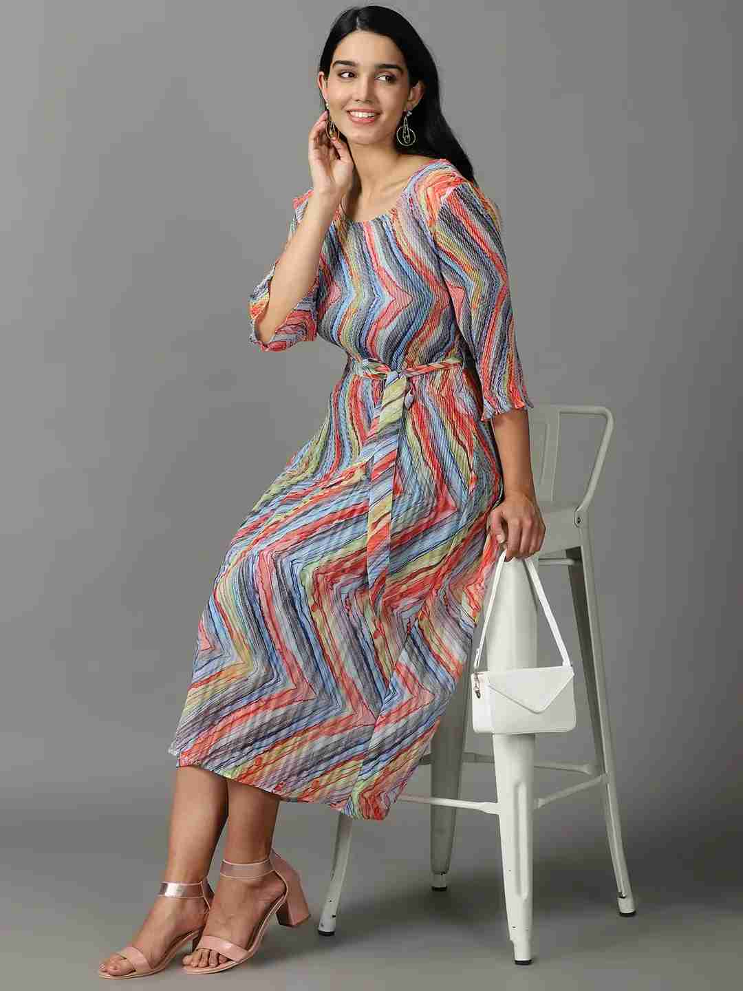 SHOWOFF Women Multi Printed Round Neck Three-Quarter Sleeves Maxi A-Line Dress