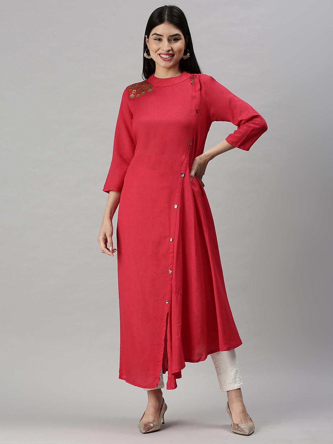 SHOWOFF Women Pink Solid Round Neck Three-Quarter Sleeves Ankle Length A-Line Kurta