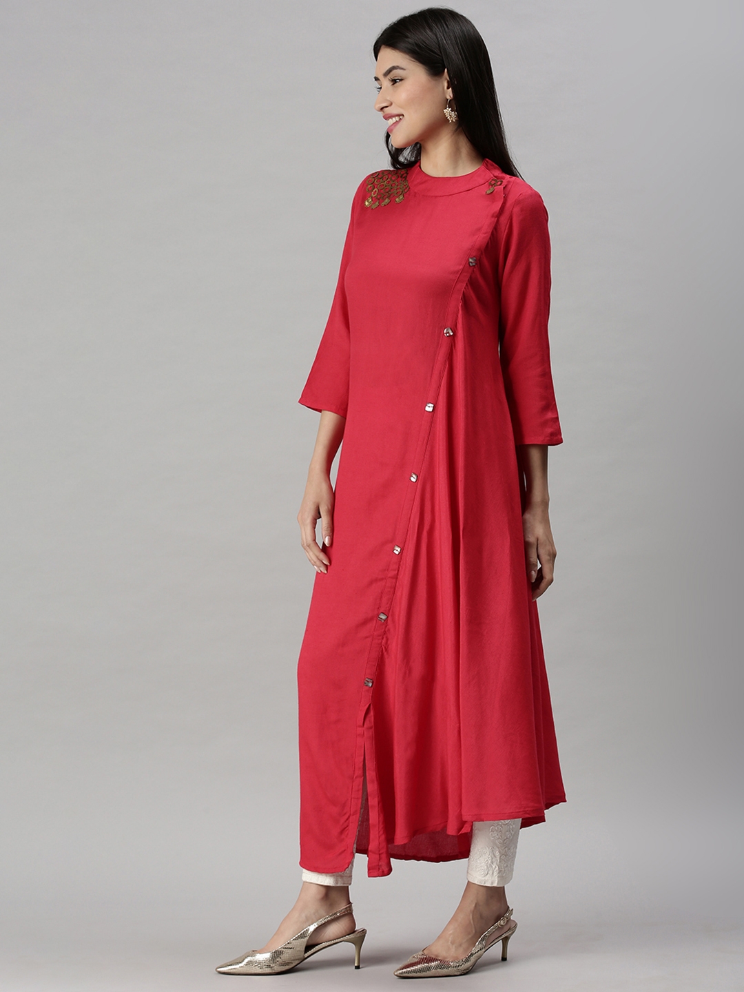 SHOWOFF Women Pink Solid Round Neck Three-Quarter Sleeves Ankle Length A-Line Kurta