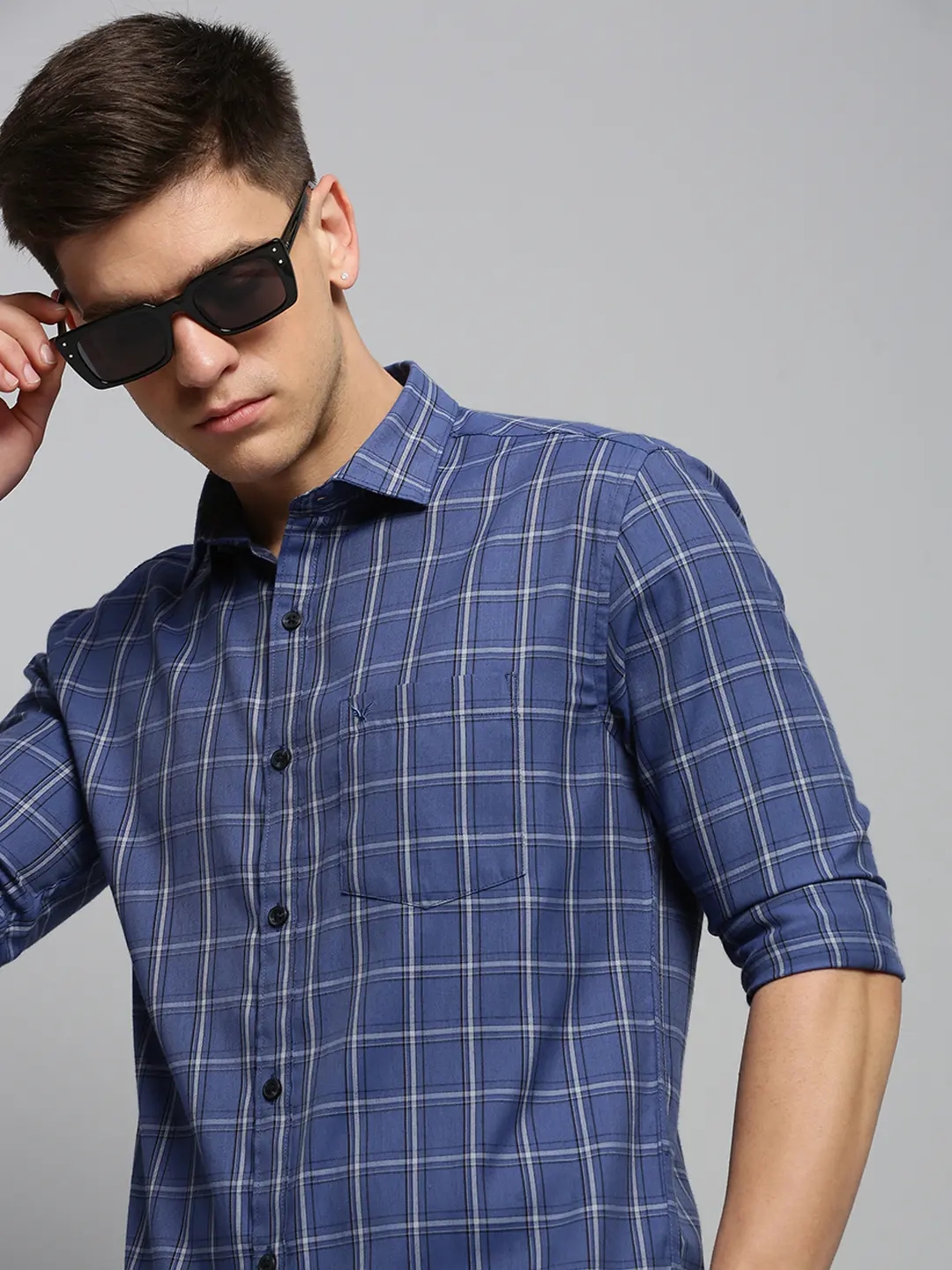 SHOWOFF Men's Spread Collar Checked Blue Classic Shirt