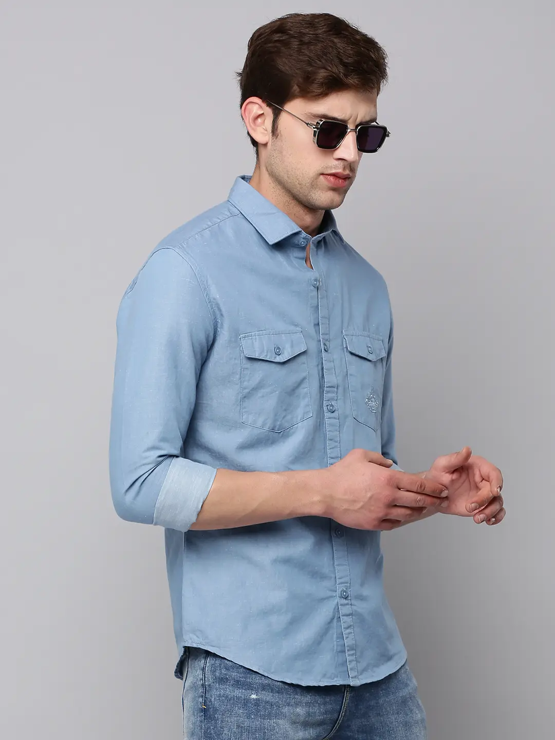 SHOWOFF Men's Spread Collar Blue Solid Shirt