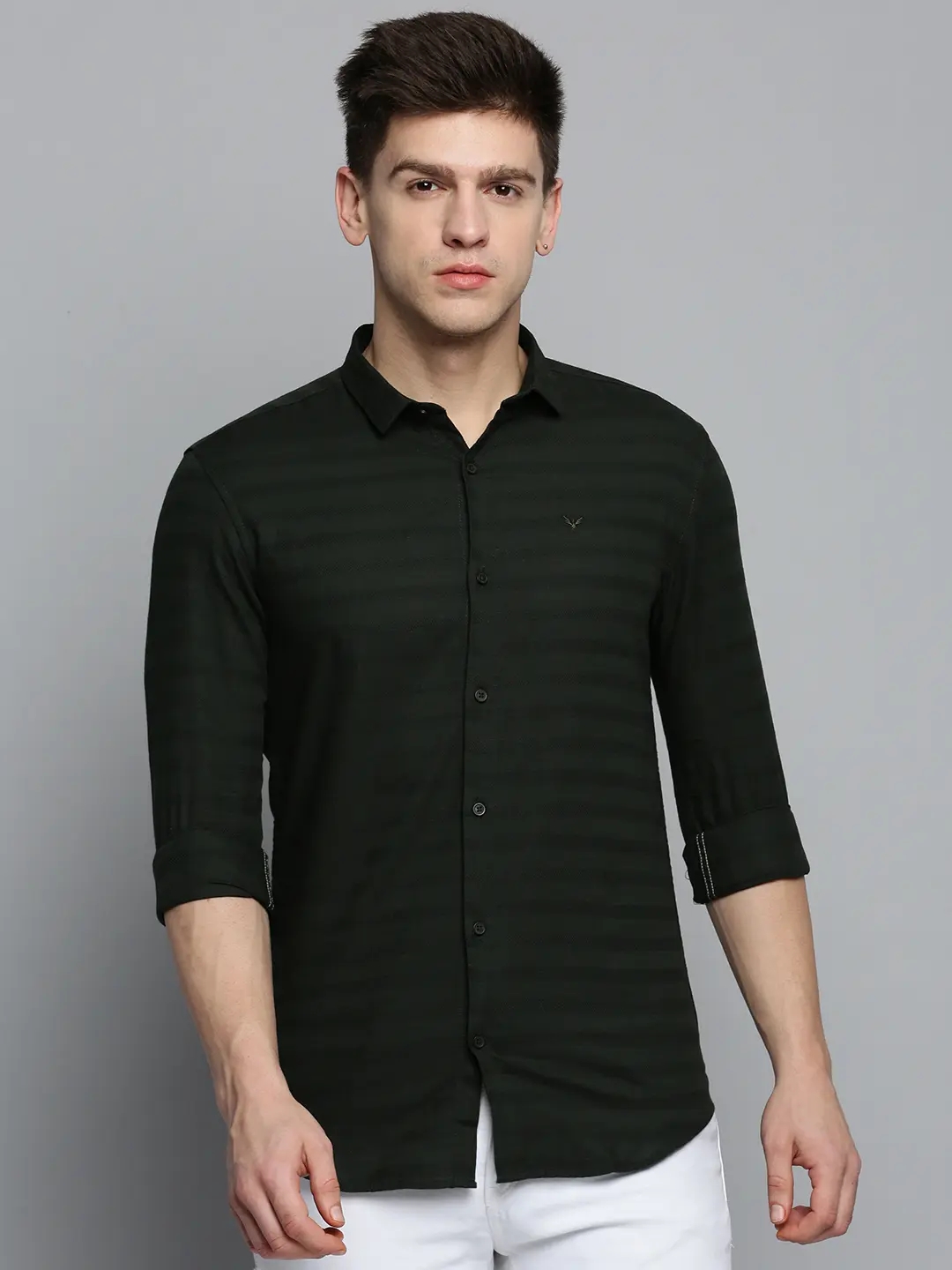 SHOWOFF Men's Spread Collar Olive Self Design Shirt