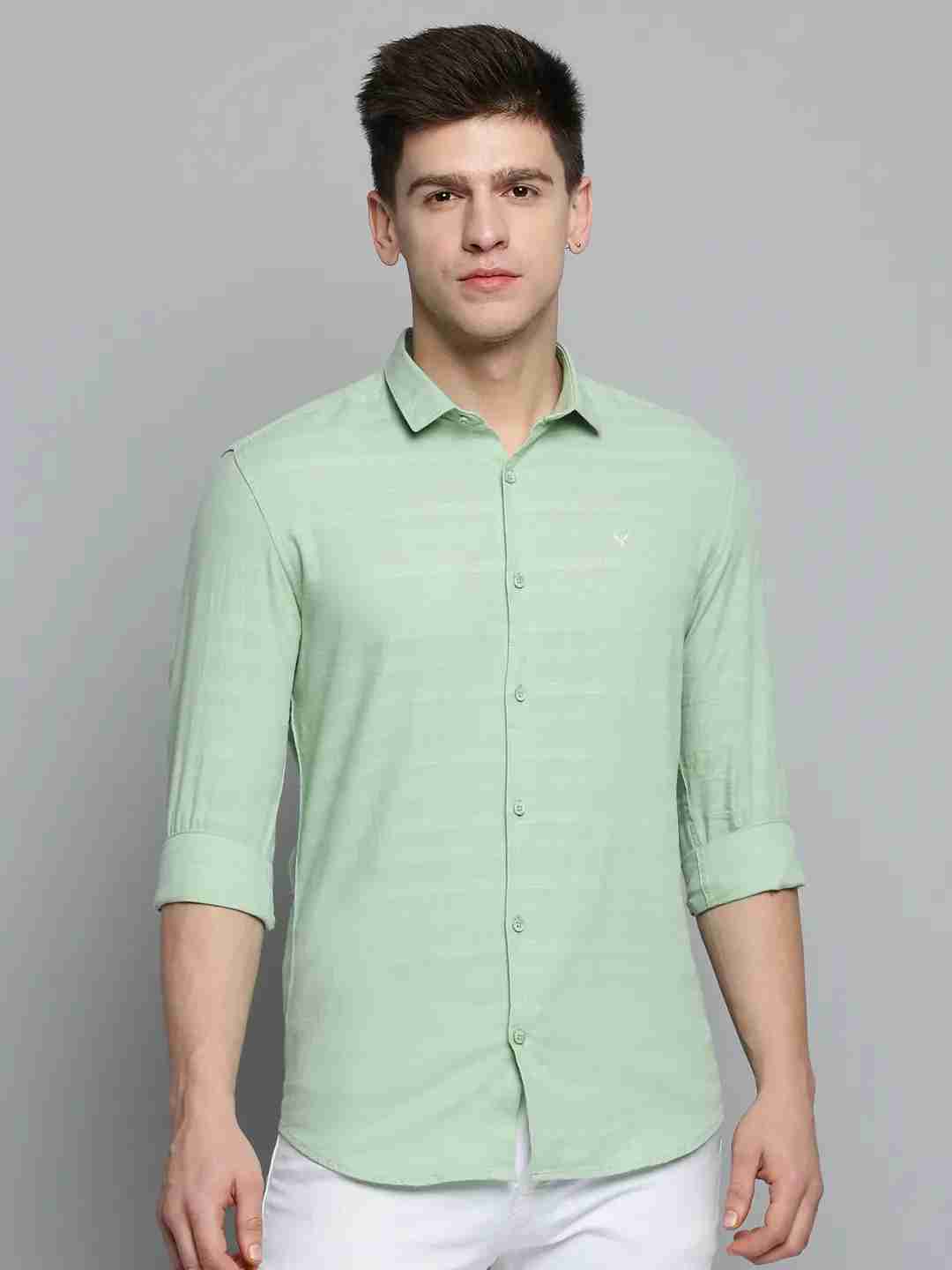 SHOWOFF Men's Spread Collar Green Self Design Shirt