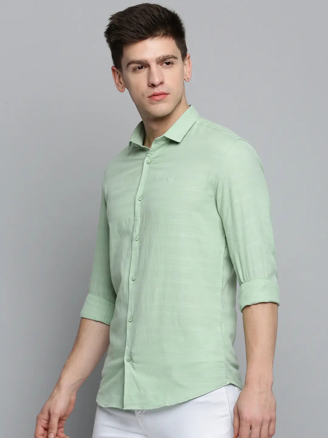 SHOWOFF Men's Spread Collar Green Self Design Shirt