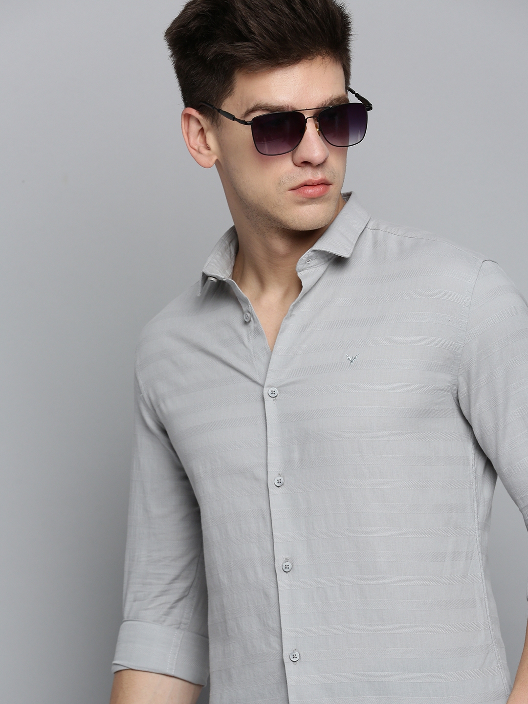 SHOWOFF Men's Spread Collar Grey Self Design Shirt