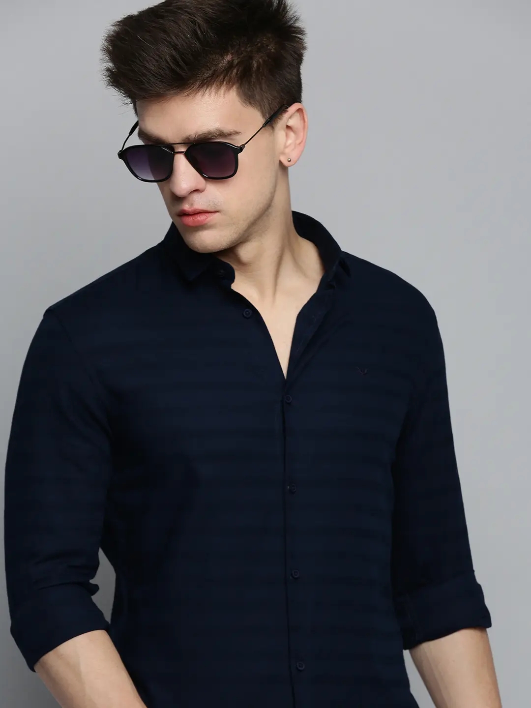 SHOWOFF Men's Spread Collar Navy Blue Self Design Shirt