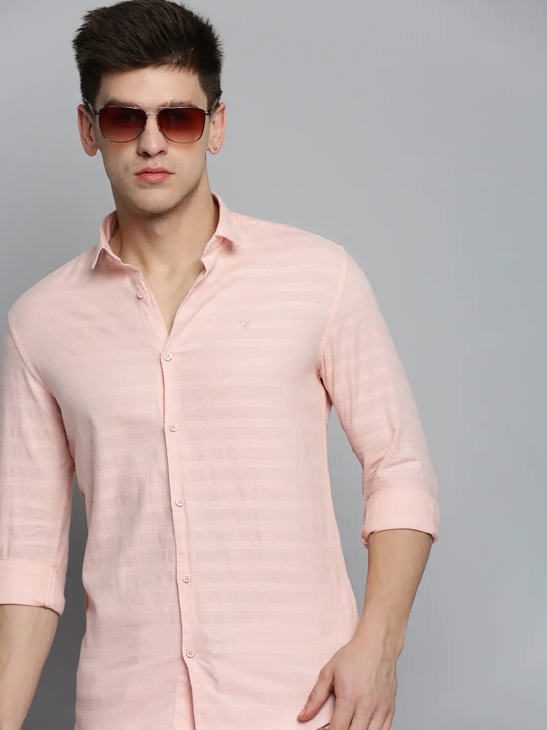 SHOWOFF Men's Spread Collar Pink Self Design Shirt