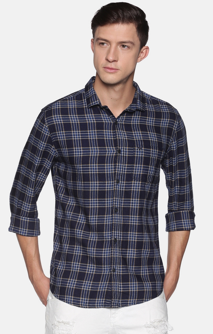 Showoff Men's Cotton Casual Navy Blue Checked Slim Fit Shirt