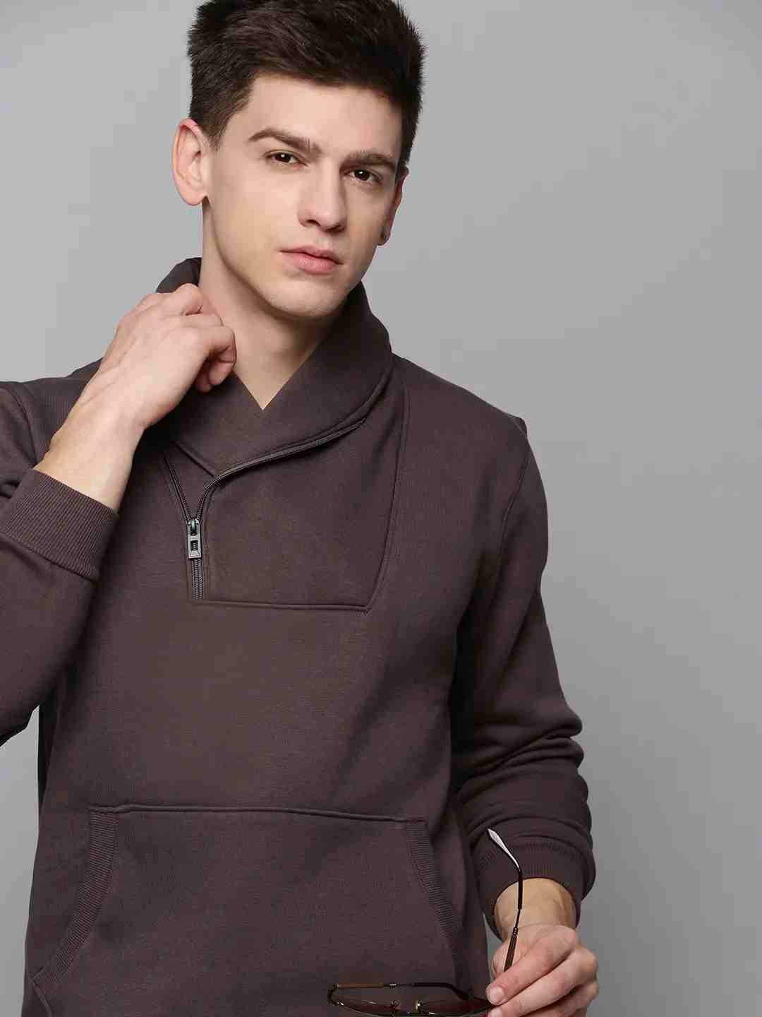 SHOWOFF Men's Double Collar Solid Taupe Pullover Sweatshirt