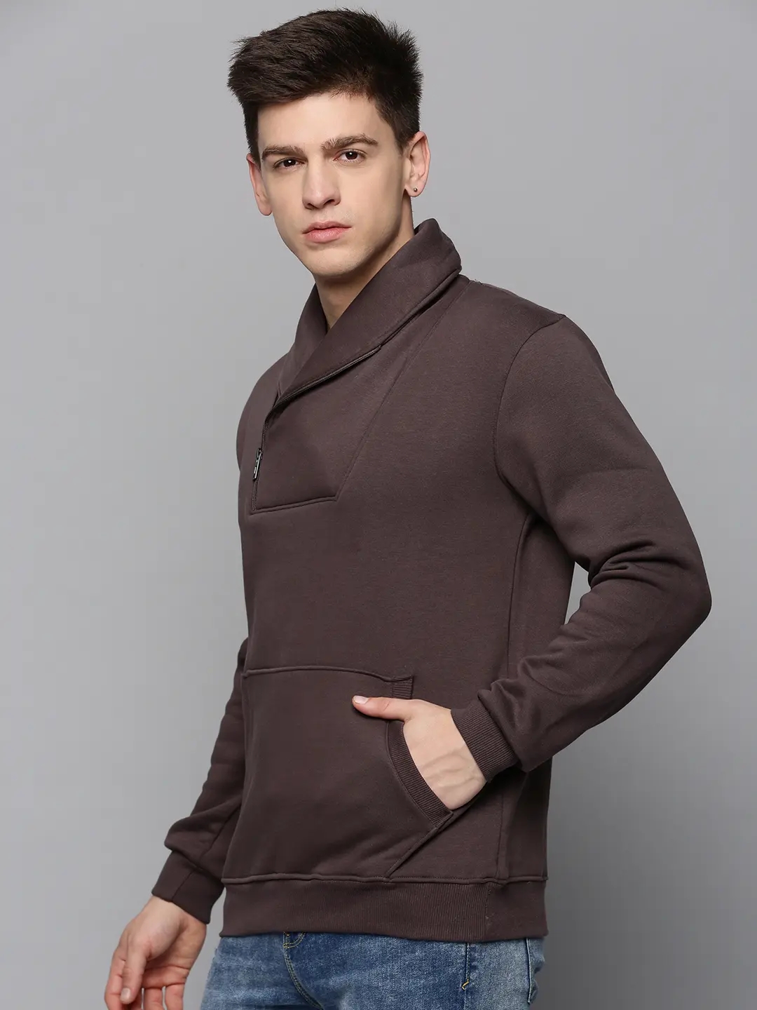 SHOWOFF Men's Double Collar Solid Taupe Pullover Sweatshirt