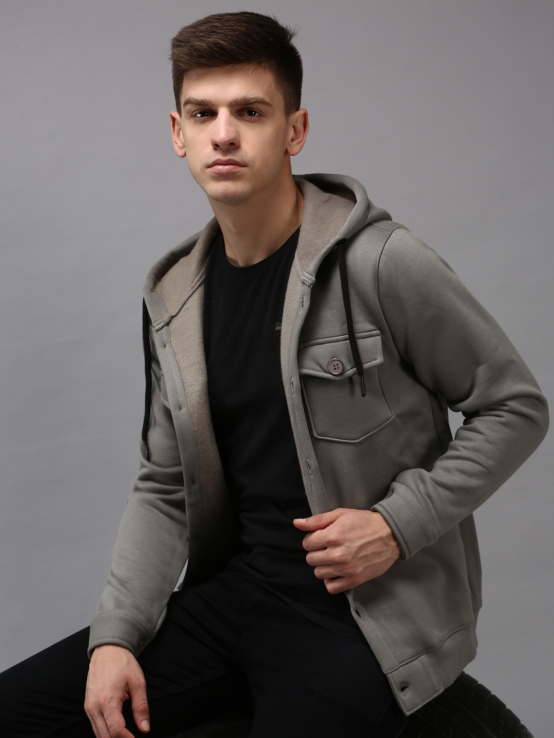 Showoff | SHOWOFF Men Grey Solid Hooded Full Sleeves Front-Open Sweatshirt