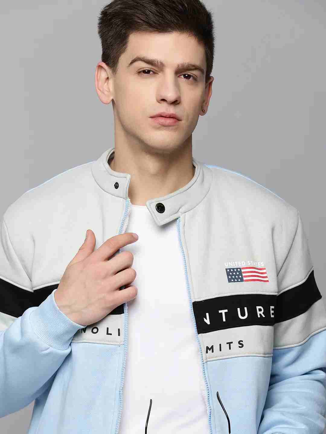 SHOWOFF Men's Mandarin Collar Colourblocked Blue Front-Open Sweatshirt